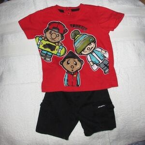 Trukfit Red Cartoon Tee and Black Shorts